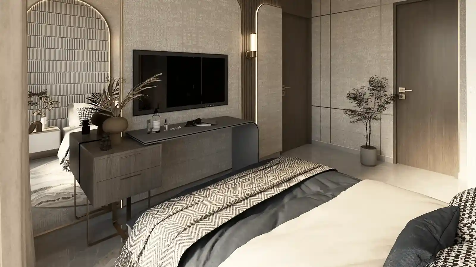 Comfortable and serene bedroom design at Mahindra Navrat with modern interiors