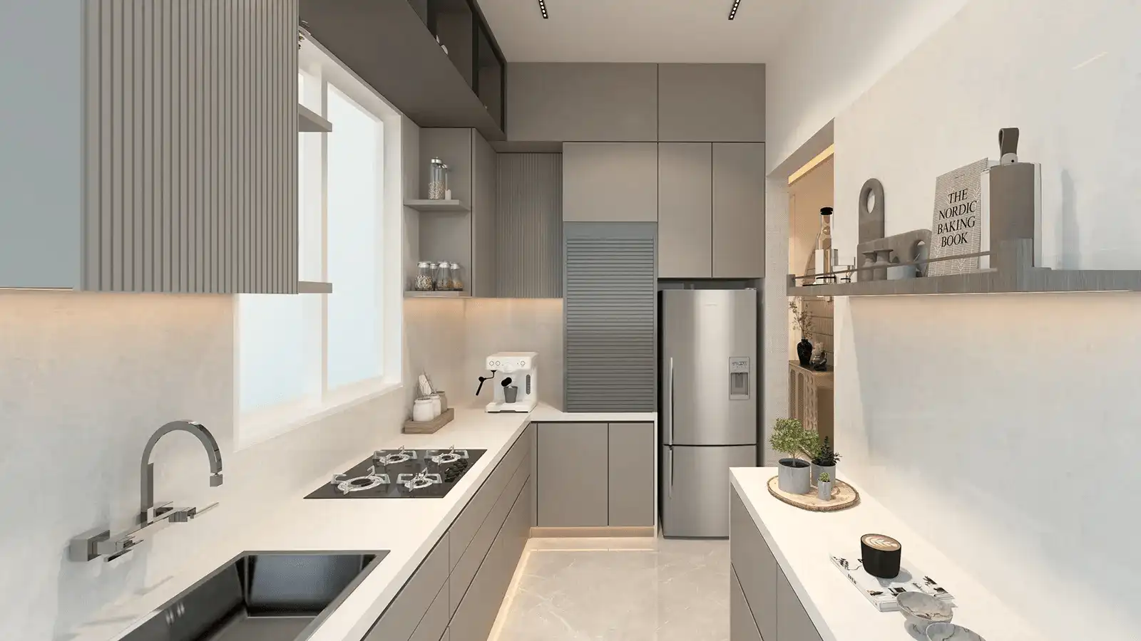 Modern and functional kitchen design at Mahindra Navrat with premium fittings