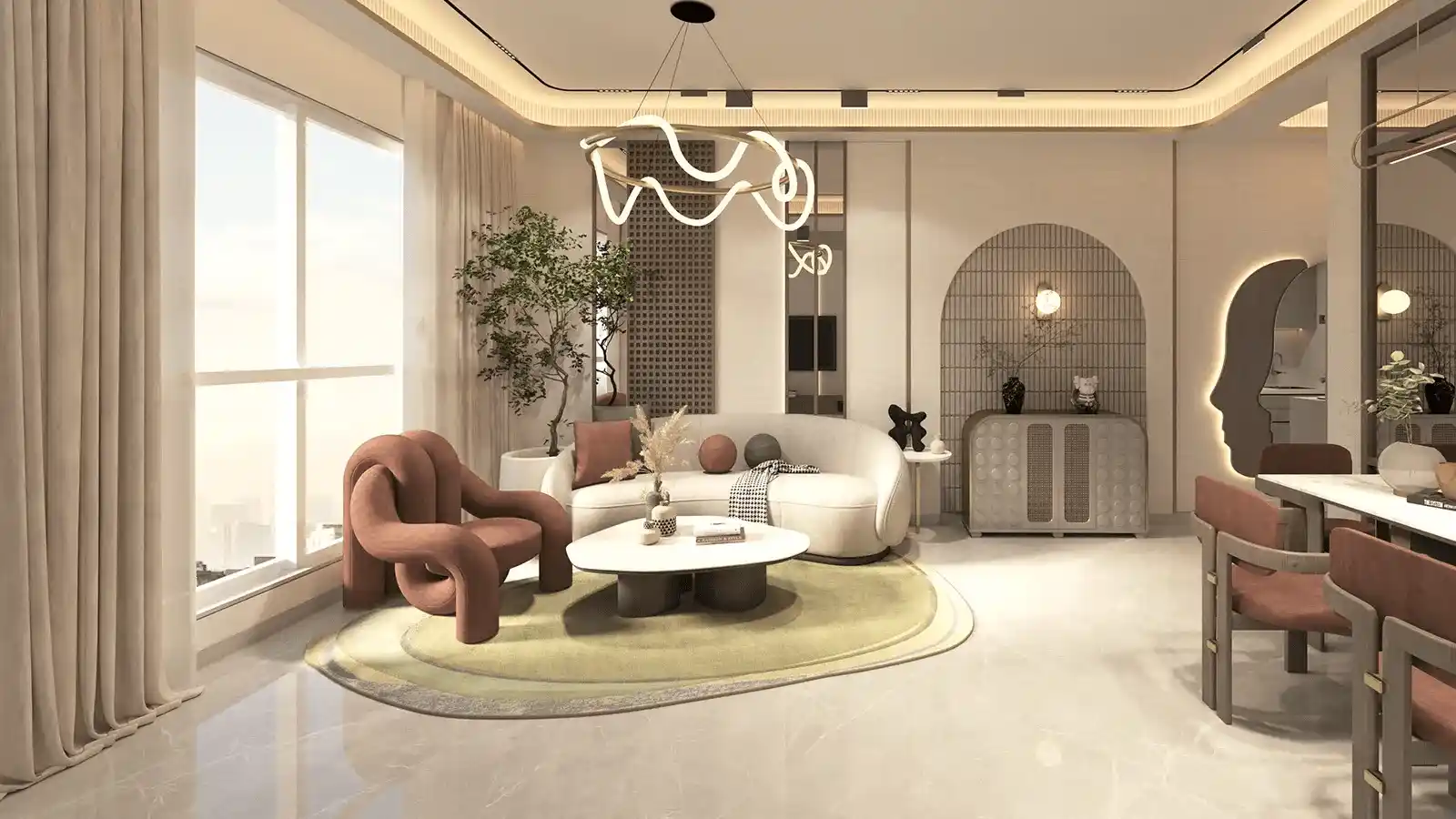 Spacious and elegant living room design at Mahindra Navrat with premium interiors
